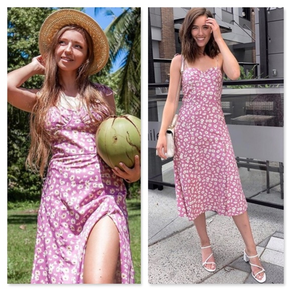 Pink Floral Tie Strap High Slit Midi Dress - Picture 15 of 15